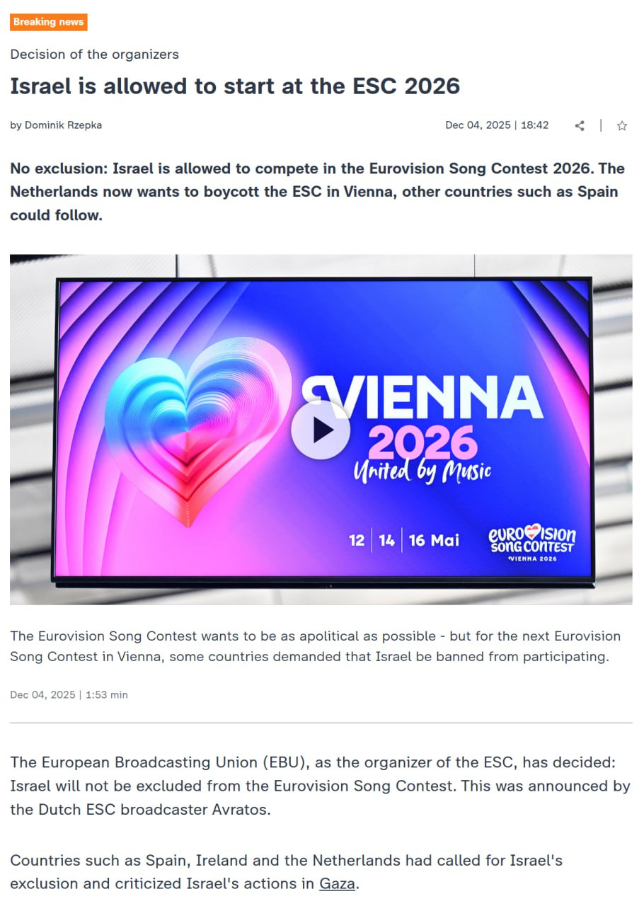 EBU confirms Israel will participate in Eurovision Song Contest 2026
