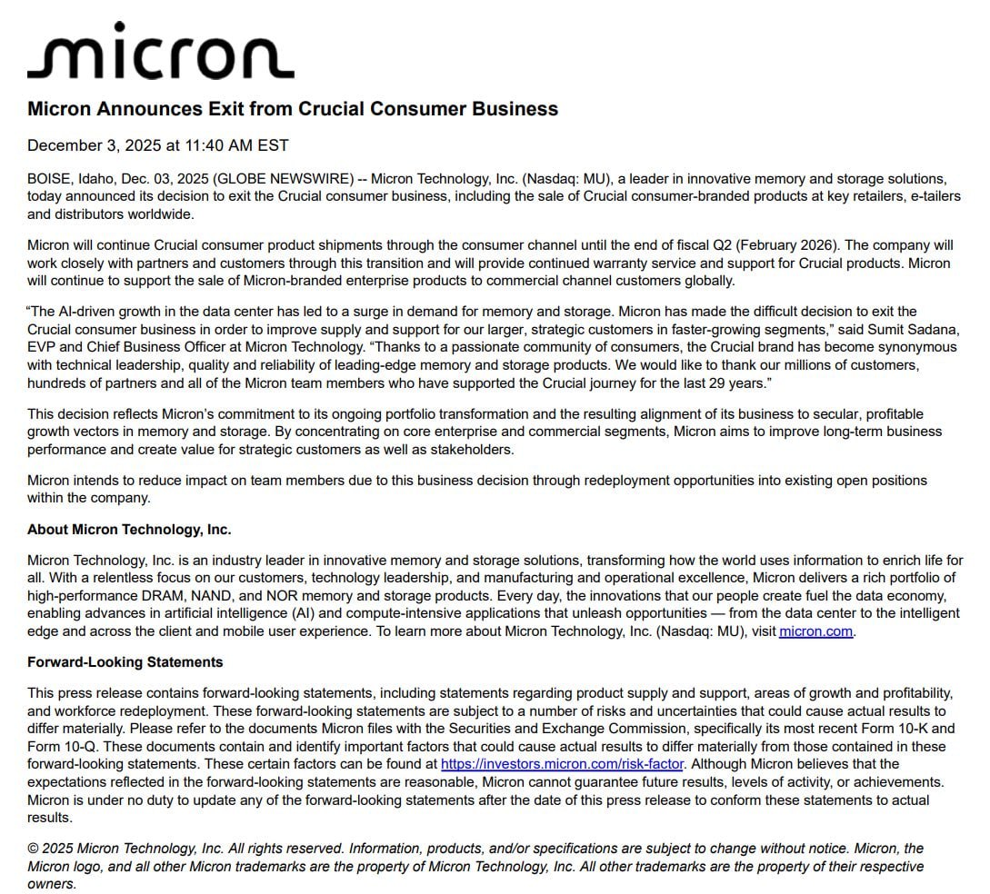 Micron exits consumer market to focus on AI companies and data centers