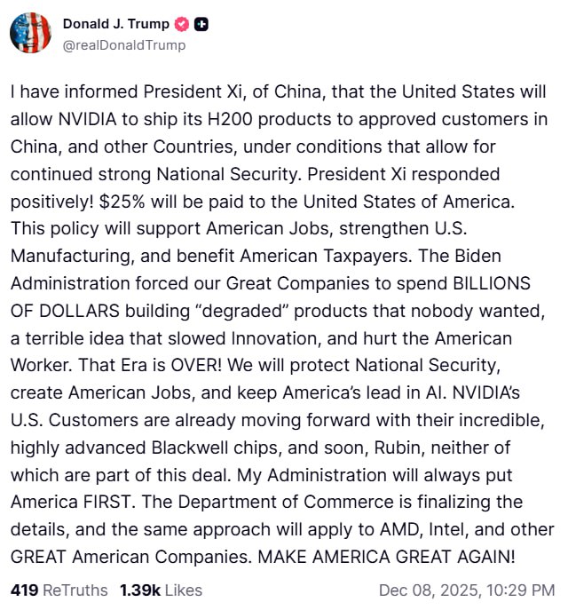 Trump authorizes NVIDIA to sell H200 chips to approved customers in China