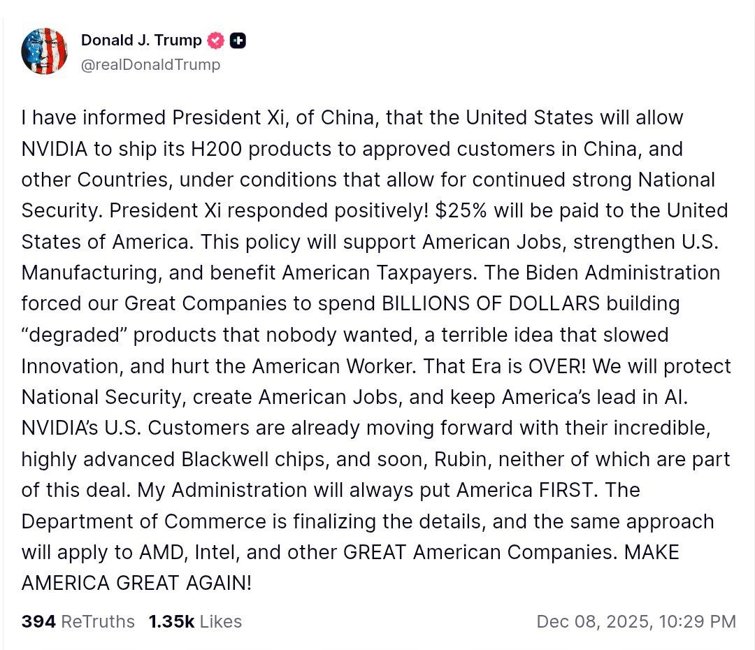 Trump announces U.S. approval for NVIDIA H200 chip exports to China