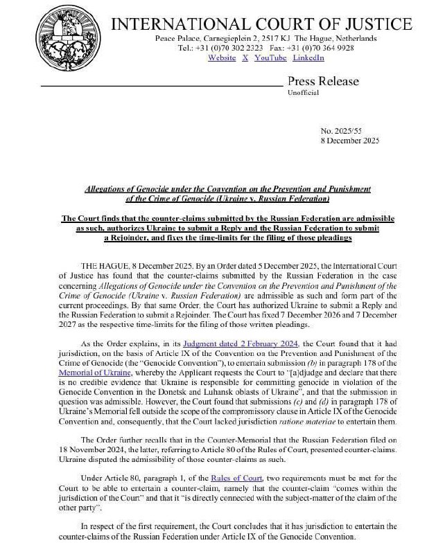 International Court of Justice accepts Russia's counterclaim against Ukraine