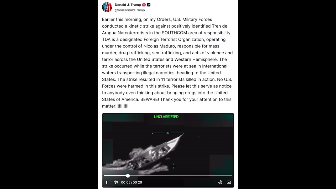 [Video] US Strike in Caribbean Kills 11 Tren de Aragua Gang Members