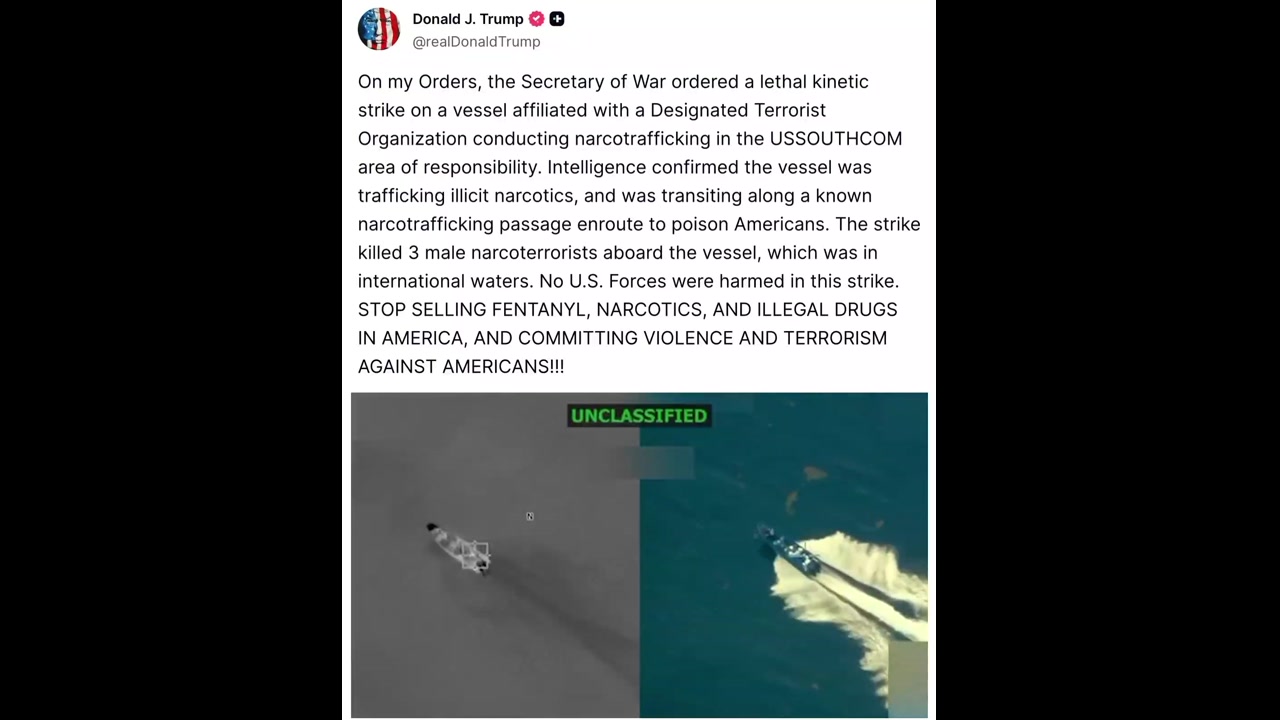 [Video] US strikes vessel linked to terrorist organization, killing 3 narcoterrorists