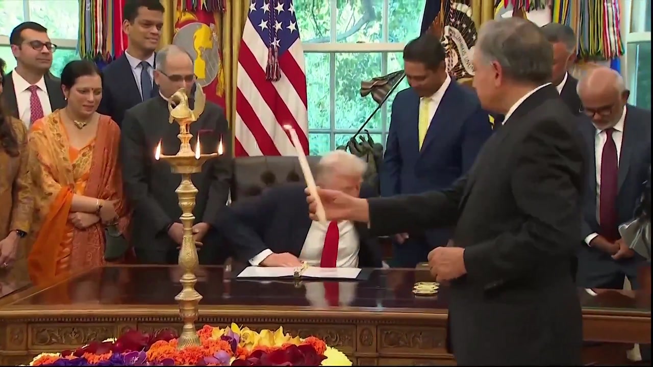 [Video] President Trump lights diya in Oval Office for Diwali with guests