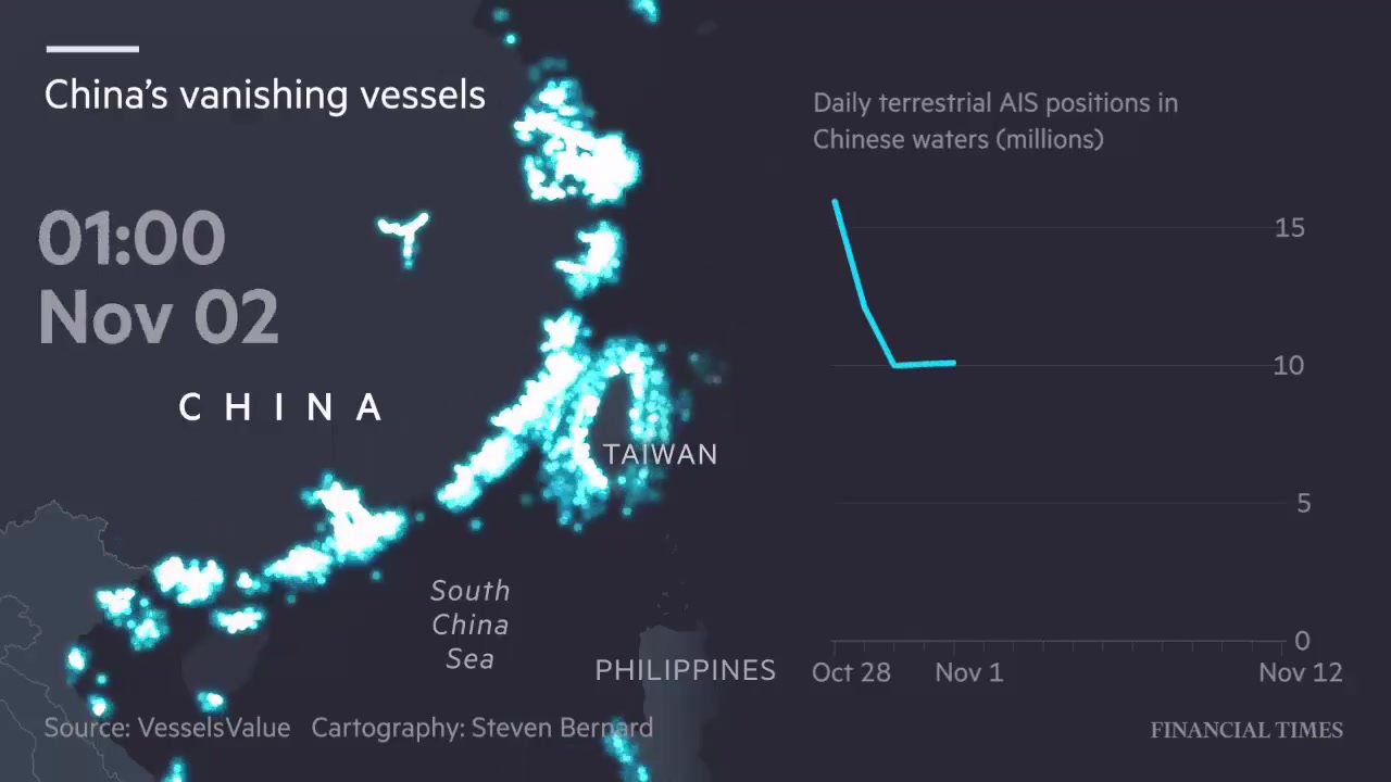 [Video] Timelapse shows Chinese ships disappearing near Taiwan and South China Sea